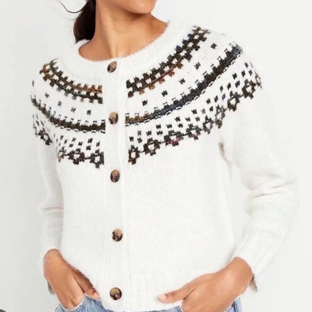 OLD NAVY Fair Isle Patterned Cardigan White Black Size 2X